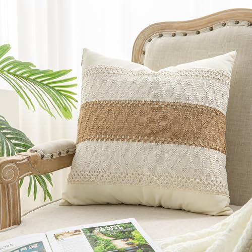 Throw Pillow Covers 20 x 20 Inch 1PC for Farmhouse Living Room, Cotton & Burlap Textured Striped Woven Boho Pillow Covers (Beige & Brown, Single Striped) - color: Single Striped, size: 20" x 20" (Pack of 1)
