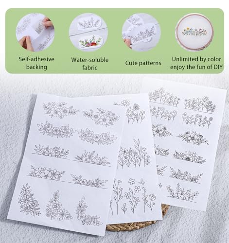 3 Sheets Water Soluble Embroidery Patterns, Stick on Embroidery Patterns with Pre-Printed Flower Leaf Designs, Embroidery Transfer Paper for Hand Sewing