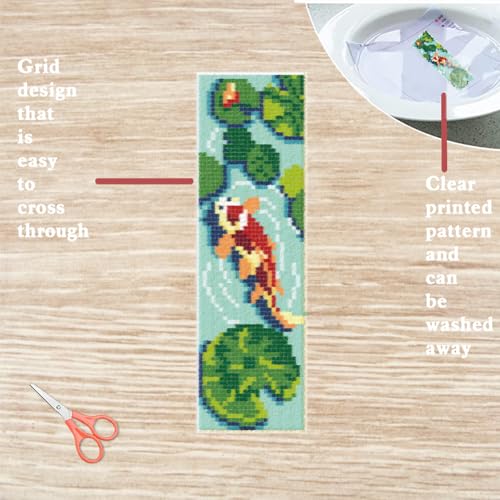 FREEBLOSS 6 Set Lotus Cross Stitch Bookmark Kit 8.66''x3.15'' 11CT - style: Koi ponds