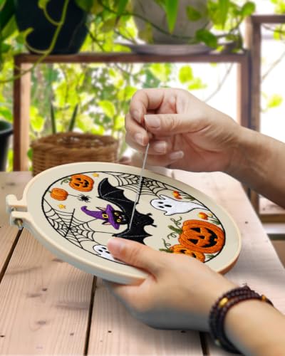 TINDTOP Halloween Embroidery Kit for Adult, 3 Pack Embroidery DIY Starter Kit, with Stamped Patterns, Hoop, Tools, Colorful Threads with Needles, Instructions - color: Halloween C