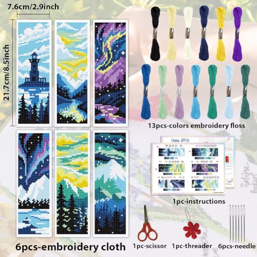 ACRNIGHEET 6PCS Cross Stitch Bookmark Kits for Beginners Stamped Pattern - style: Landscape Patterns 2