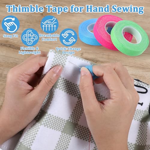 3 Rolls Thimble Tape for Hand Sewing, Self-Adhesive Cotton Finger Protector, Breathable Finger Tape Adjustable Knitting Bandage for Quilting, Embroidery DIY Crafts (Blue, Green, Purple Red) - color: Blue, Green, Purple Red