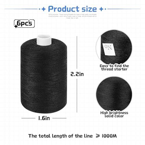 All Purpose Sewing Thread, 6 Spools of 1000 Yards Polyester Quilting Thread - color: Black+White