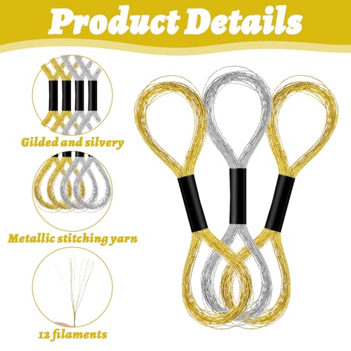 12 Skeins Metallic Embroidery Thread, Embroidery Floss Metallic Thread Glitter Threads String Cross-Stitch Threads for Sewing Making Yarn Hand Accessories(Gold+Silver)