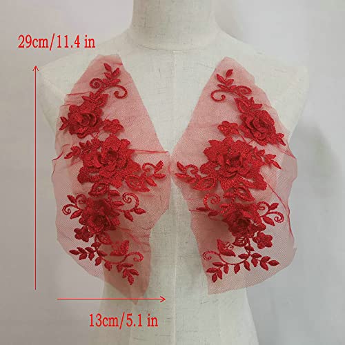 1 Pair 29 * 13cm Red/Pink/Purple/Sky Blue Wedding Dress Lace Shirt Accessories Embroidery Lace Garment Design DIY Accessories (Red) - color: Red