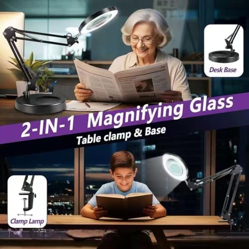 Upgrade 12X Magnifying Glass with Light, Real Glass Magnifying lamp, 5 Color Modes Stepless Dimmable, 84 LEDs, Magnifier with Light Hands Free for Close Work, Reading Craft Repair - color: Black