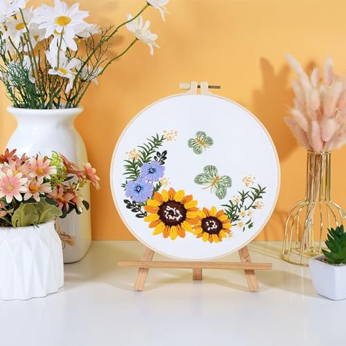 GLTAYLMY 3 Sets Embroidery Starter Kit with Pattern and Instructions, Cross Stitch Set, Stamped Embroidery Kits with 3 Embroidery Clothes with Pattern, 1 Embroidery Hoop(Sunflower) - color: Sunflower