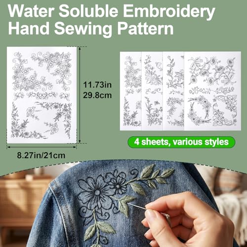 VARMDUKKE 4 PCS Pre-Printed Floral Water Soluble Embroidery Patterns, Stick and Stitch Embroidery Transfer Paper, Flower Embroidery Stickers Patterns for Hand Sewing Lover Beginners - White, Black