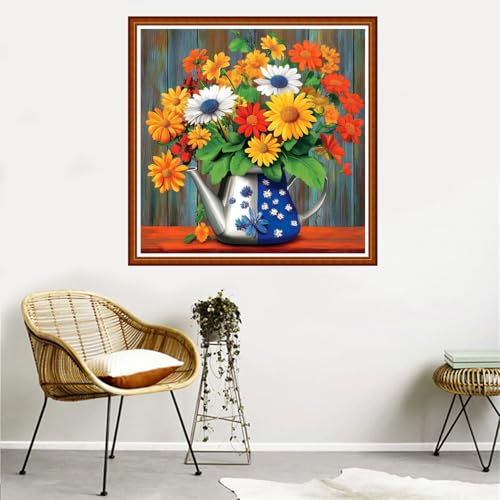 Redxing Counted Cross Stitch Kit for Beginners,Unprinted Needlepoint Kits for Beginners Cross Stitching Embroidery Kit 11CT Stitches kit-Flower Water Kettle 18x18 inch - color: SetColor12