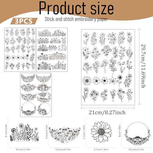 Floral Water Soluble Embroidery Patterns, 3 Sheets Stick and Stitch Embroidery Papers Wash Away, Transfer Paper with Pre-Printed Flower Leaves Designs for Hand Sewing Lovers Beginners Customized Gifts - size: Flower Leaves
