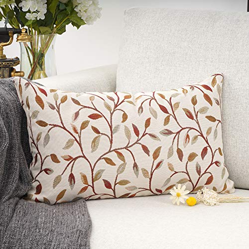 YOUR SMILE Farmhouse Oblong Rectangle Floral Chenille Embroidery Decorative Throw Pillow Case Cushion Cover Lumbar Pillowcase for Sofa 12 x 20 Inch, Brown Leaves (Pack of 2) - size: 20" x 12" (Pack of 2)