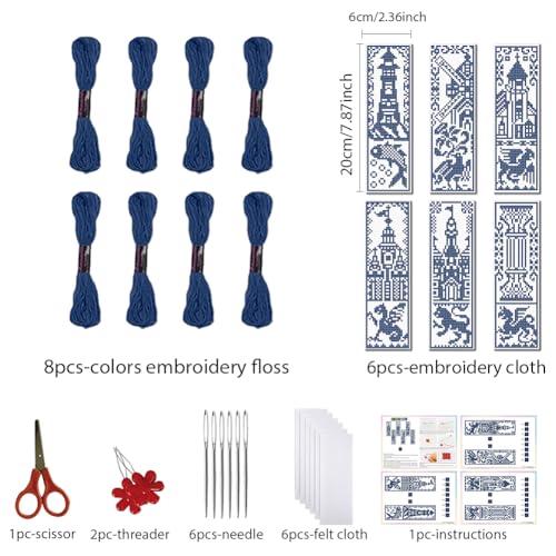 FREEBLOSS 6 Set Monochrome City Stamped Cross Stitch Bookmark Kits Cross Stitch Kit Embroidery Bookmarks Kit for Beginners with Backing Felt Embroidery Floss DIY Bookmark Kit for Book Lovers 8x2.4''