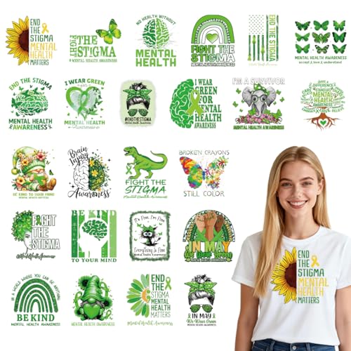 24Pcs Mental Health Awareness Dtf Transfers Ready to Press May Mental Health Month Iron on Transfers for Tshirts Psychological Transfer Vinyl Stickers for Clothing Pillows Bag DIY Crafts - color: Mental Health Awareness