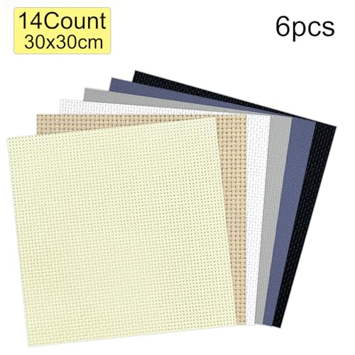 Zhenqing 14CT 12x12 Inch Aida Cloth 6-Pack (6 Colors) – Premium Cotton Cross Stitch Fabric for Beginners & Pros – Pre-Cut Squares for Embroidery, Needlework, DIY Crafts