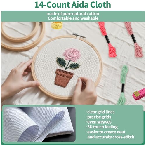 Yauhar 61Pcs Embroidery Kit for Beginners with Needle, Cross Stitch Hoops, 14 Count Aida Cloth, Floss Bobbins, Thread Winder, Thimble, Seam Ripper, Fabric Clips for Craft Embroidery Needlework