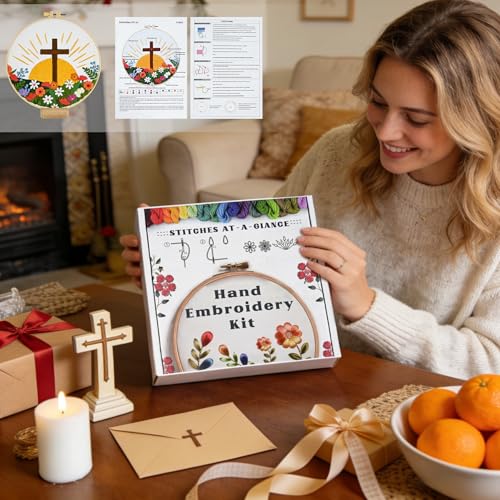 ElasignShopo Christian Embroidery Kit for Beginners Adults, Easy Cross Stitch Kit Easter Cross Jesus Pattern Embroidery Starter Kits with Wooden Hoop, Needles, Threads and Instruction Easter Gift - color: Flower Cross
