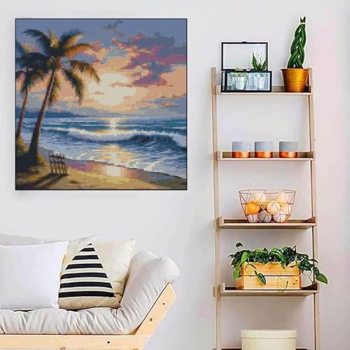 Beach Sunset Stamped Cross Stitch Kits - Tree Counted Cross Stitch Kits for Beginners Adults Needlepoint Cross-Stitch Patterns Dimensions Needlecrafts Embroidery Kits Arts and Crafts 13.7x13.7 Inches - color: D018