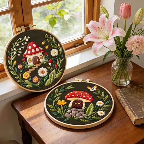 ERKOON Embroidery Kit for Beginners, 2 Set Flower Cross Stitch Set Include Embroidery Cloth Hoops Threads for Craft Lover Hand Stitch with Embroidery Skill Techniques (Mushroom) - color: Mushroom