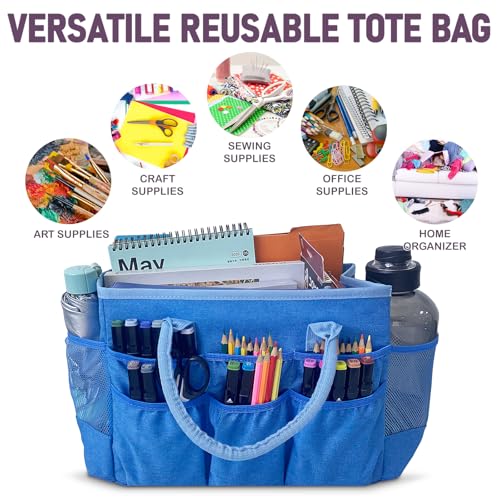 Cupohus Craft Organizer Tote Bag – Craft Caddy with 2 Mesh Side Pockets & Front Elastic Pockets, Foldable Large Capacity Supply Storage Bag for Sewing, Knitting, Painting, and Travel (Blue) - color: Blue