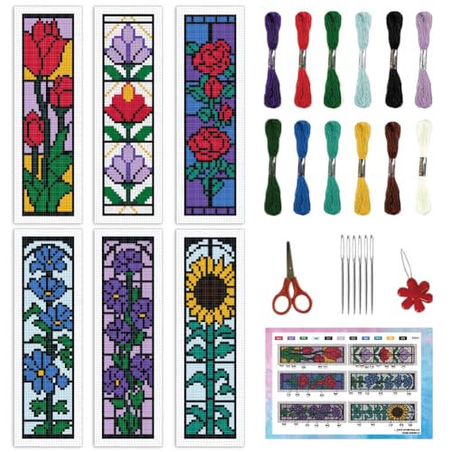 INFUNLY 6 Set Rose Window Cross Stitch Bookmark Kits for Beginners DIY Red Rose Embroidery Bookmark Kits with Instructions Flower Window Pre-Printed Bookmark Kit for Book Lovers Readers Women Gifts - style: Rose Window