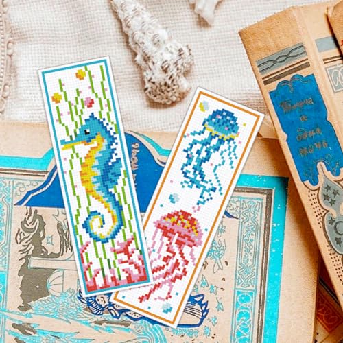ORIGACH 6 Set Marine Animals Cross Stitch Bookmark Kit for Beginner with Backing Felt Floss Instructions DIY Stamped Embroidery Bookmark Kit for Adults, Book Lovers - style: Marine Animals