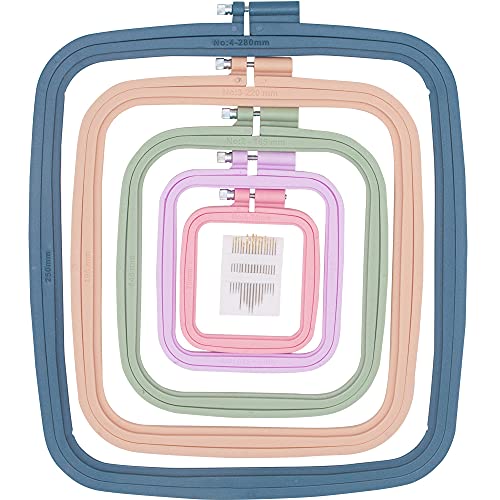 5 Pieces 5 Sizes Square Embroidery Hoops, Cross Stitch Hoop and ABS Plastic Embroidery Hoops for Embroidery,Cross Stitch and DIY Craft Sewing,Including 16pcs Gold Eye Sewing Needles - style: 5 sizes square