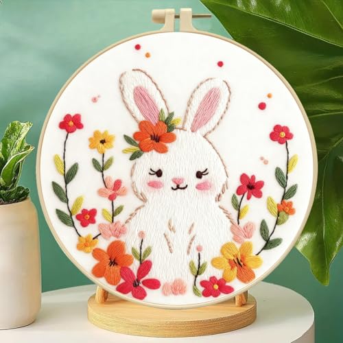 Zhenqing Fairy Tale Rabbit Embroidery Kit for Beginners, 29x29cm Pre-Printed Cotton Fabric with 20cm Hoop, Cute Bunny with Flowers Design for Home Decor(C0049)