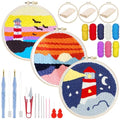 Woohome Punch Needle Kit Included Plastic Hoops, Punch Needle Cloth, Color Yarn and Punch Needle Tools for Adults, Beginners (Lighthouse and Sunset) - color: Color 27