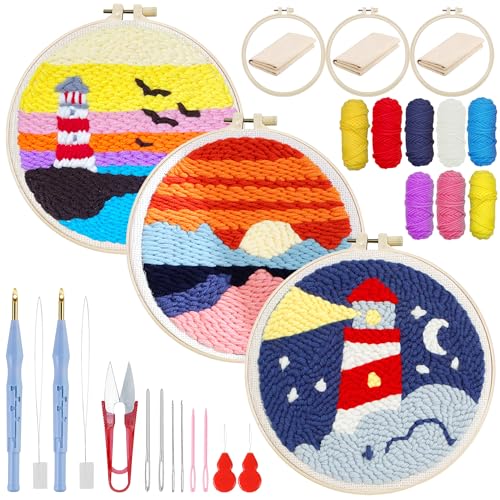 Woohome Punch Needle Kit Included Plastic Hoops, Punch Needle Cloth, Color Yarn and Punch Needle Tools for Adults, Beginners (Lighthouse and Sunset) - color: Color 27