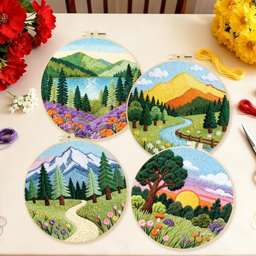 BEUNITONE 4 Set Forest Pattern Embroidery Kit for Adult Beginners Scenery Pre-Printed Designs Cross Stitch Kits, Needlepoint Kits for Adults, Handmade Embroidery for Home Decor 20x20cm - style: C-Forest Scenery