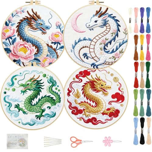FREEBLOSS 4 Sets Embroidery Kit for Beginners Needlepoint Dragon&Cloud Stamped Embroidery Starter Kit with Instructions, Needles, Threads, 2 Hoops 11.6"/29.5CM - style: Traditional Dragon
