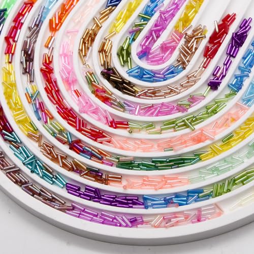 JOJOPLAY Tube Seed Beads Crafts Glass Bugle Beads Embroidery Beads 7mm with Beads Needle Crystal String for Jewelry Embroidery Making (48 Colors)