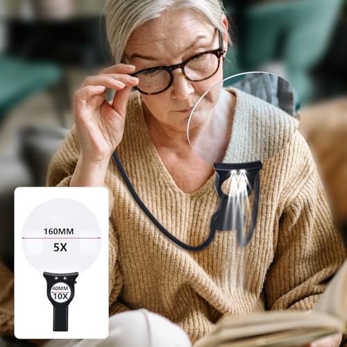 5X 10X Hands Free Magnifying Glass with Light for Close Work, Neck Wear Magnifier for Reading Book, Sewing, Knitting, Repairing, Cross Stitch, Crafts, Lighted Loupe for Seniors Low Vision