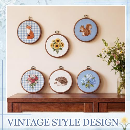 Tudomro 12 Pcs Decorative Embroidery Hoop with Fabric Set 6.7" Round Imitated Wood Cross Stitch Frame & 11.8" Blue Pre-Cut Cloth Squares for DIY Art Craft Sewing Hanging Ornament - color: Blue