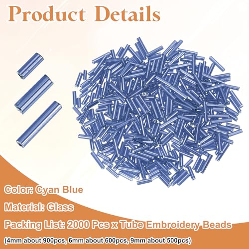 MECCANIXITY 2000pcs Glass Bugle Beads 4/6/9mm Long Tube Cylinder Beads - color: Cyan Blue