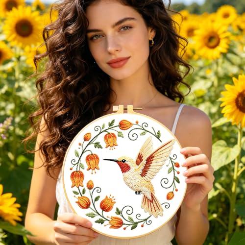BEUNITONE 6 Set Embroidery Kit for Beginner Adults, Hummingbird & Flower Cross Stitch Set with Stamped Pattern Hoops Threads Cloth Needles, Embroidery Starter Kit for Home Decoration and Gifting - style: Flower Bird