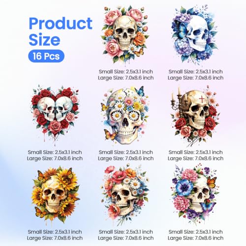 ANATTASOUL Skulls & Sunflowers 16PCS Heat Transfers Ready to Press - style: Skulls and Sunflowers