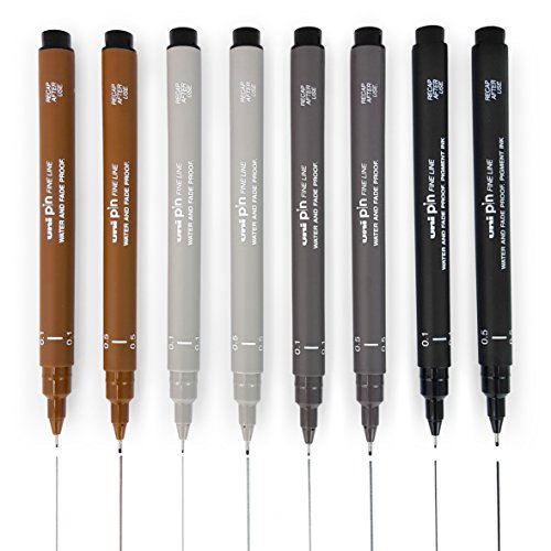 Uni Pin Fineliner Drawing Pen - Sketching Set of 8-0.1mm / 0.5mm - Black, Dark Gray, Light Gray, and Sepia
