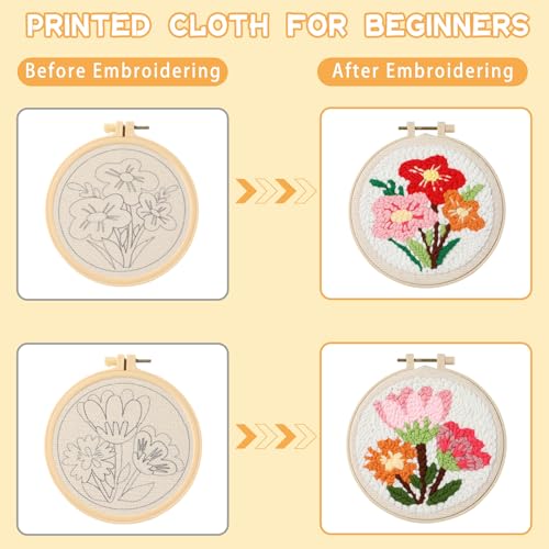 ojustbeok 1 Set Punch Needle Embroidery Starter Kits Includes Punching Needling Fabric with Pattern, Yarns, Embroidery Hoops, Sewing Needles, Instruction for Adults Beginner DIY Handmade Crafts Gifts