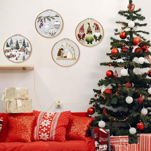 LB Christmas Embroidery Kit for Beginners: 4-Piece Cross Stitch Set with Green Plant, White Snowflake & Gnomes | Adults DIY Starter Kit Includes Hoop, Threads and Tools - color: White and Green