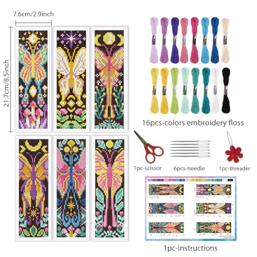 INFUNLY 6Pcs Cross Stitch Bookmark Kit 3x8.5 Inch Butterfly Stamped Embroidery Starter Set for Adults DIY Fabric Needlepoint Bookmark with 16 Colors Floss Scissor Threader Backing Felt for Book Lovers - style: Butterfly