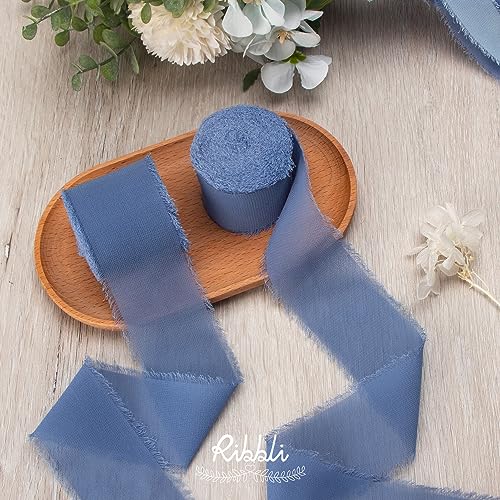 Ribbli Dusty Blue Chiffon Ribbon 2 Inch x 20 Yard Handmade Fringe Chiffon Silk Ribbon Dusty Blue Ribbon for Gifts Wrapping, Wedding Invitations, Bridal Bouquets, Flower Arrangement - color: Dusty Blue, size: 2 inches