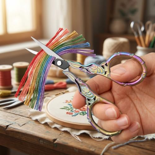 Embroidery Scissors with Cover – Rainbow Vintage Small Crochet Scissors, Sharp Floral Craft Scissors for Yarn Thread Sewing Needlework, Cute Rose Design Gift for Crocheter Quilter, 4.6 Inch - color: Riainbow