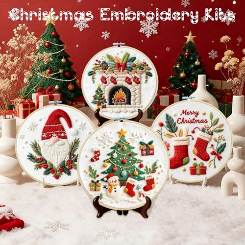 QCCTPUU 4 Sets Christmas Embroidery Kits, Beginner Embroidery Kit for Adults, Cross Stitch Kits for Beginners with Hand Embroidery Tools(Instructions, Needles, Threads - color: 4 Set Christmas