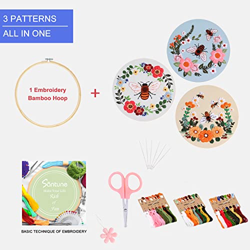Santune 3 Pack Bee Embroidery Kit for Beginners Adult Cross Stitch Kits Hand Embroidery with Animal Patterns and Instructions,DIY Sets for Women with Hoop,Threads and Needles - color: Bee Series