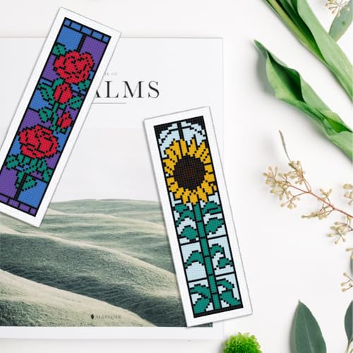 INFUNLY 6 Set Rose Window Cross Stitch Bookmark Kits for Beginners DIY Red Rose Embroidery Bookmark Kits with Instructions Flower Window Pre-Printed Bookmark Kit for Book Lovers Readers Women Gifts - style: Rose Window