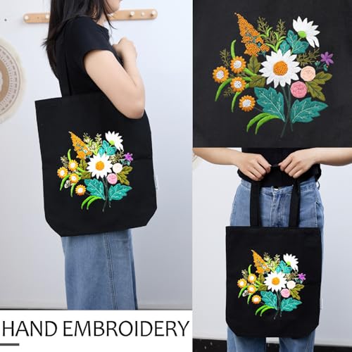 CREAWONDER Canvas Tote Bag Embroidery Kit with Pattern for Beginners, Arts and DIY Embroidery Crafts Kits for Adults, Include Instructions, Thimble, Embroidery Hoops, Color Threads and Tool - color: CR002 chenhuicaoxin black