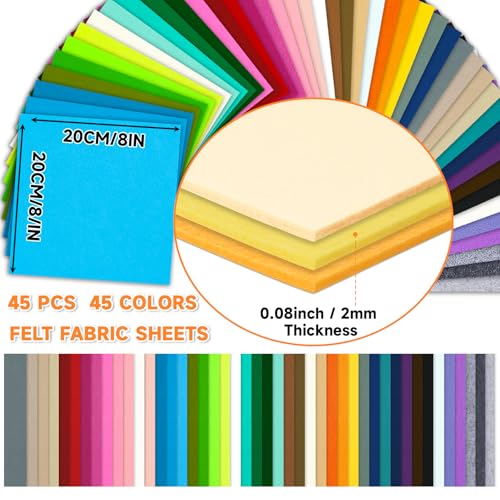 45 PCS Felt Fabric Sheets 8 x 8 Inch 2mm Craft Felt Sheets - size: 8x8in