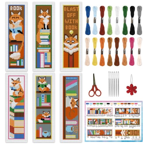 INFUNLY 6 Set Fox Reading Cross Stitch Bookmark Kit DIY Cross Stitch Kit 8"x2.4" Pre-Printed Books Stamped Embroidery Bookmark with Instructions for Beginners Book Lovers Gifts - style: Fox Reading