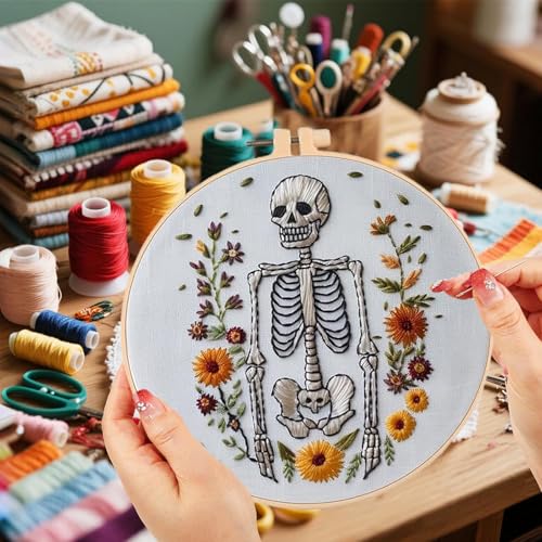 Floral Witch Hat Embroidery Kit Halloween Cross Stitch Material Set with Bat Skull Flower Pumpkin Patterns, DIY Hand Needlepoint Embroidery Craft Kit for Beginners Professional (Spooky Skeleton) - color: Spooky Skeleton